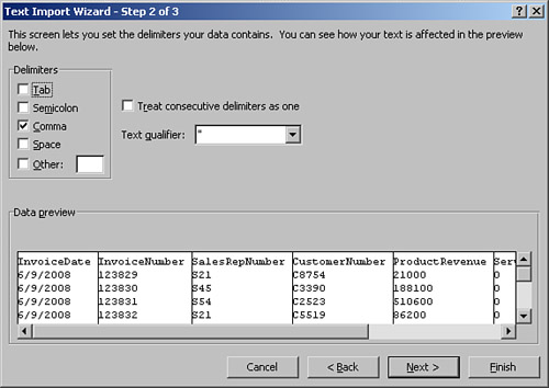 Step 2 of the Text Import Wizard is handled by the seven parameters of the OpenText method.