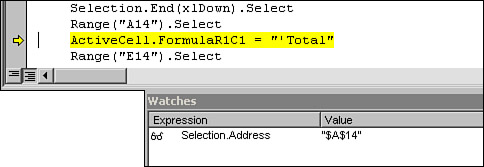 After running another line of code, the value in the Watches window updates to indicate the address of the new selection.