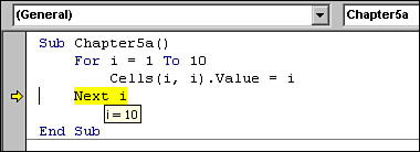 Before running Next I for the tenth time, the variable I is equal to 10.