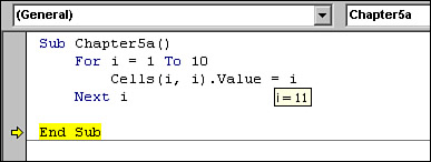 After incrementing I to 11, code execution moves to the line after the Next statement.