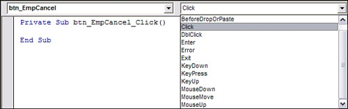 Various actions for a control can be selected from the VB Editor drop-downs.