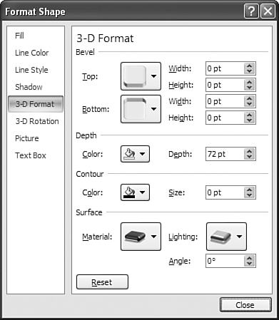 You can control the 3-D Format settings, such as bevel, surface, and lighting.