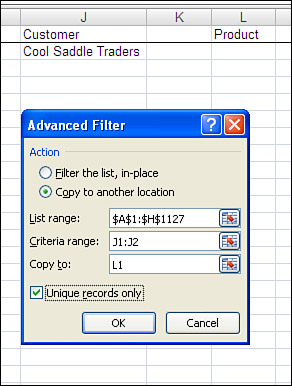 This is about the simplest criteria there is; to learn a unique list of products purchased by Cool Saddle Traders, set up the criteria range shown in J1:J2.