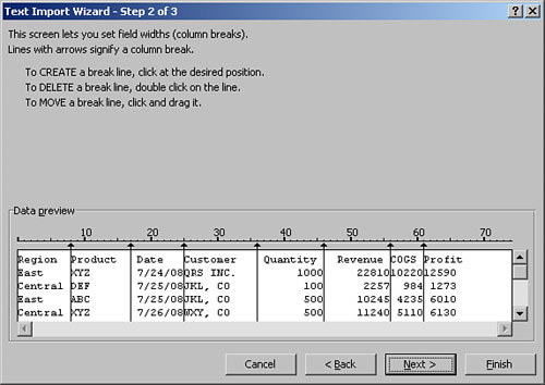 After you add two new field markers and move the marker between Product and Date to the right place, Excel can build the code that gives us an idea of start position and length of each field.