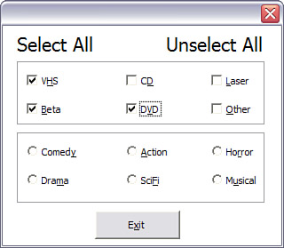 The options in this form were selected with the Tab key and spacebar.