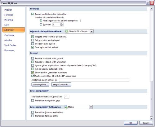 Check the Show Add-in User Interface Errors option to allow custom ribbon error messages to appear and aid you in troubleshooting.