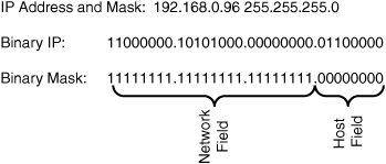 IP address and mask in binary, showing network and host fields.