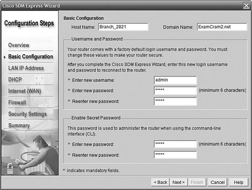 Supplying hostname, domain name, and user credentials.