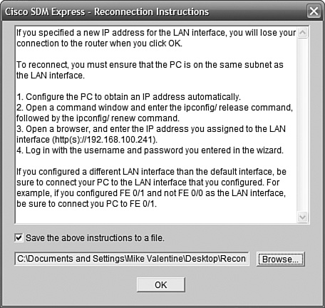 SDM Express Configuration Summary—Reconnection Instructions.