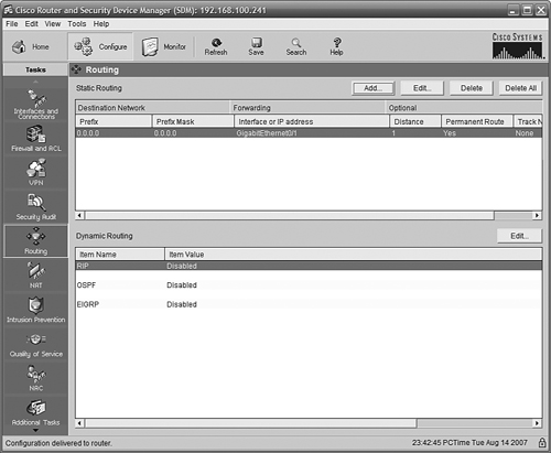 The SDM Routing page with default route shown.