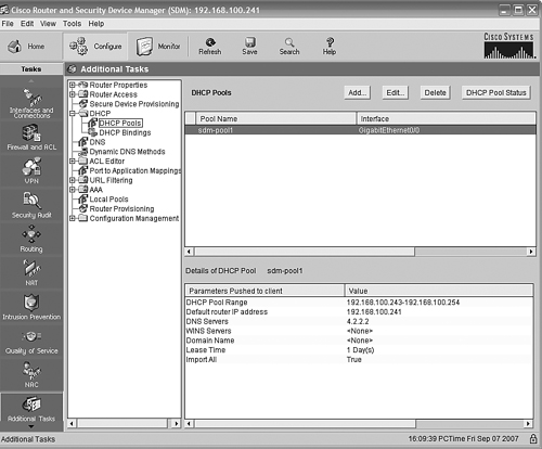 The DHCP Pools configuration page.