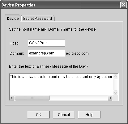 Hostname, domain, and banner configuration.