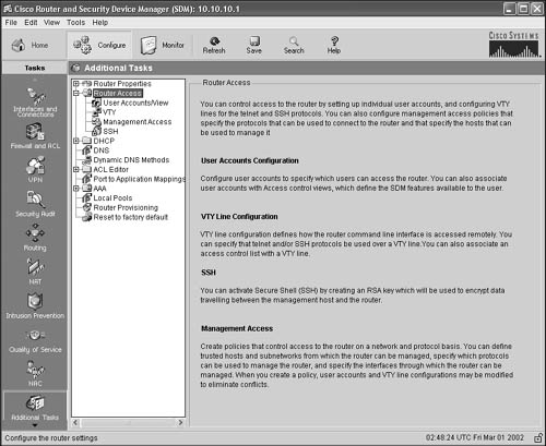 Configure, Additional Tasks, Router Access.