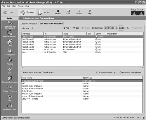 Configure, Interfaces and Connections, Edit Interface/Connection, Enable.