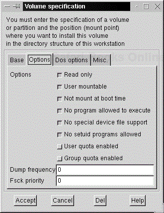 Options tab of local volume management