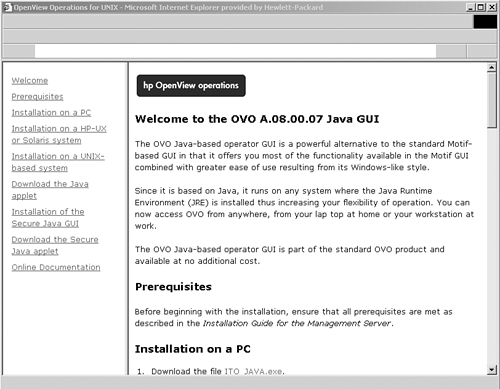 The OpenView Java GUI includes a link to a web-based view for online help and other information.OVO (OpenView Operations)operatorsMotif interface, problem solvingoperators (OVO)Motif interfaceproblem solvingMotif interfaceproblem solvingJava interfaceproblem solvingOVO (OpenView Operations)operatorsJava interface, problem solvingoperators (OVO)Java interfaceproblem solvingtroubleshootingproblem solvingMotif and Java interfaces