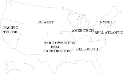 Service areas of US regional Bell Operating Companies.