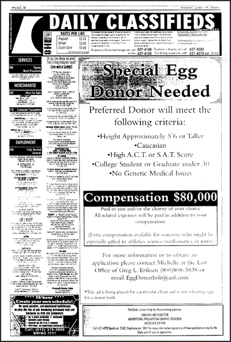 University newspaper ad soliciting an egg donor.