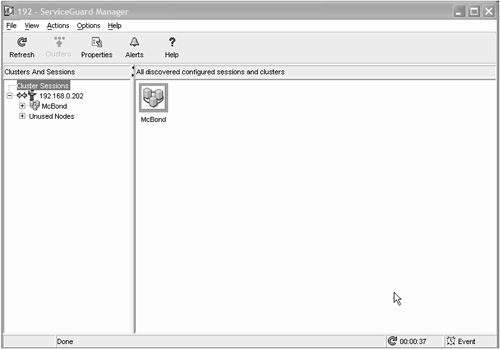 Serviceguard Manager: viewing discovered clusters.
