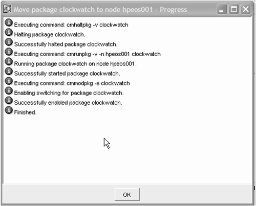 Serviceguard Manager: dialog box after successfully moving a package.