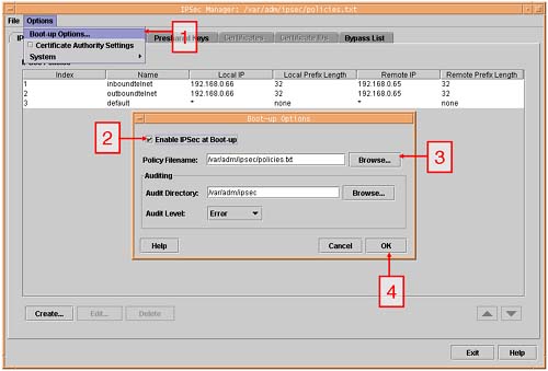 Configuring IPSec boot-up options.