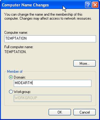 The Computer Name Changes Panel — Domain MIDEARTH