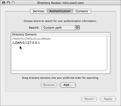 The Authentication tab of Directory Access on Mac OS X Server after becoming an Open Directory master.