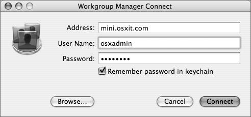 Authenticating to Workgroup Manager using an administrator name and password.
