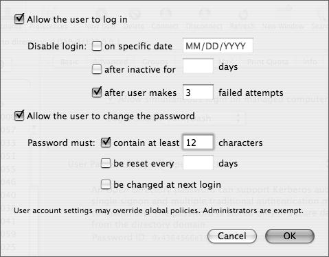 User account password policies in the Advanced tab of Workgroup Manager.