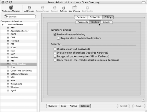Options to securely bind Mac OS X computers to an Open Directory master.