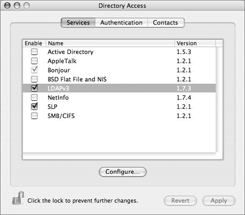 Opening Directory Access on a Mac OS X computer.