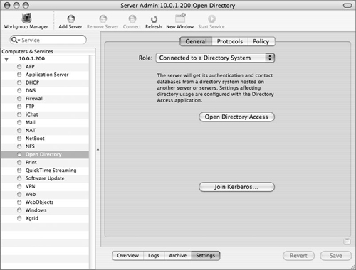 Choosing “Connected to a Directory System” from the Mac OS X Server, Server Admin, Open Directory role list.