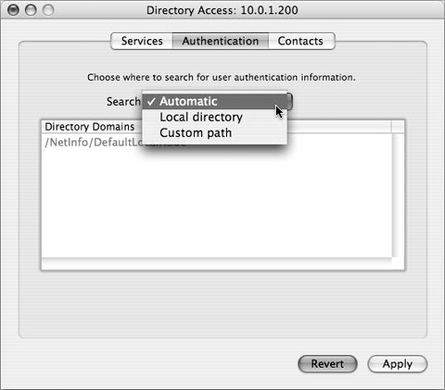 Viewing authentication path options from within Directory Access.
