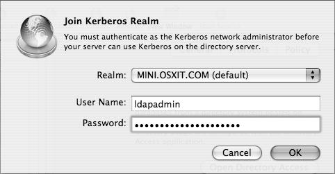 Clicking the Join Kerberos button after binding to an Open Directory master.