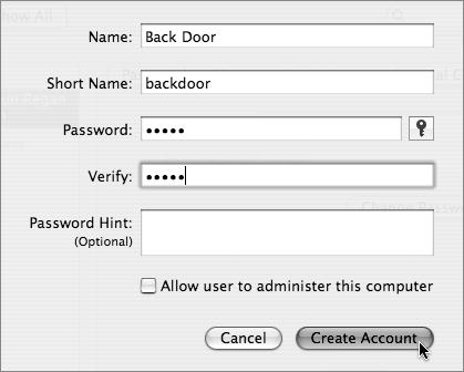 Creating an account using the Accounts preference pane in System Preferences.