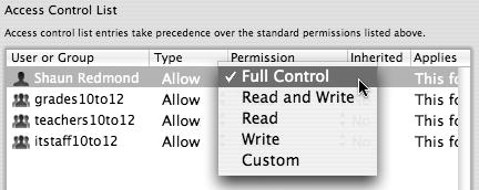 Choosing the level of permissions for access control from the list.