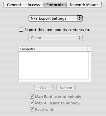 After selecting the share point, click the Protocols tab to configure NFS share point options.