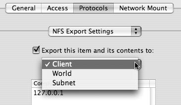 Select the “Export this item and its contents to” check box to begin NFS sharing.