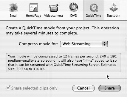 Selecting the QuickTime button and the compression for Web Streaming prepares the iMovie HD for streaming.