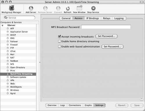 The Access tab under the Settings tab of the QuickTime Streaming Service shows the password home directory streaming options.