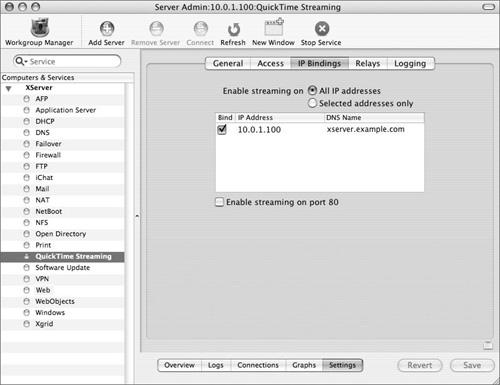 The IP Bindings tab under the Settings tab of the QuickTime Streaming Service permits the binding of the QTSS to more than one IP address.