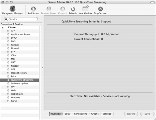 The QuickTime Streaming service Overview tab shows the status of the QTSS.