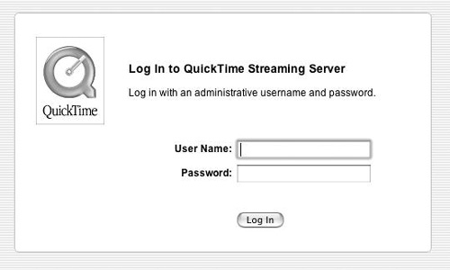 Enter the username and password in the initial dialog of the QTSS Web-based administration tool.
