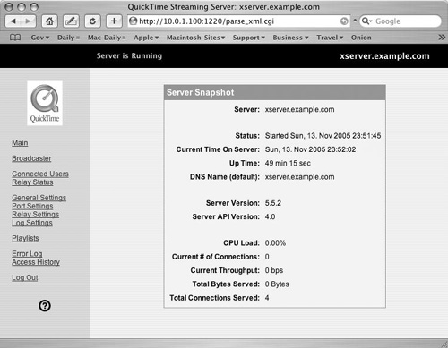 The QTSS Web-based administration tool displays options similar to those of Server Admin.