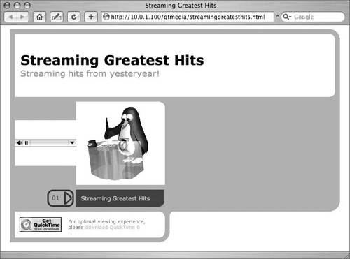 The Web page appears with the album art, text, and stream controls.