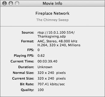 Select Window > Show Movie Info to view the properties entered in the QuickTime Broadcaster Network tab as they appear in the final broadcast.