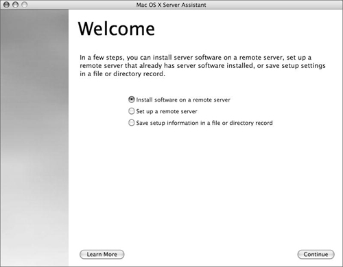 The Welcome screen appears when you launch Server Assistant remotely.