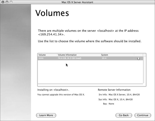 Choose a volume on which to remotely install Mac OS X Server.