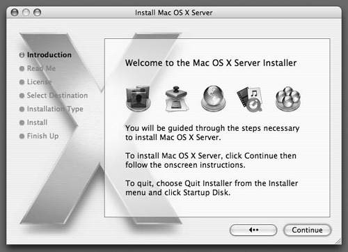 Once Mac OS X Server has finished preparing the installation, you’ll see a Welcome window.