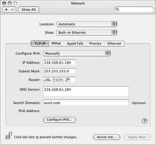 Adding DNS and search domain information to the Network preference pane.